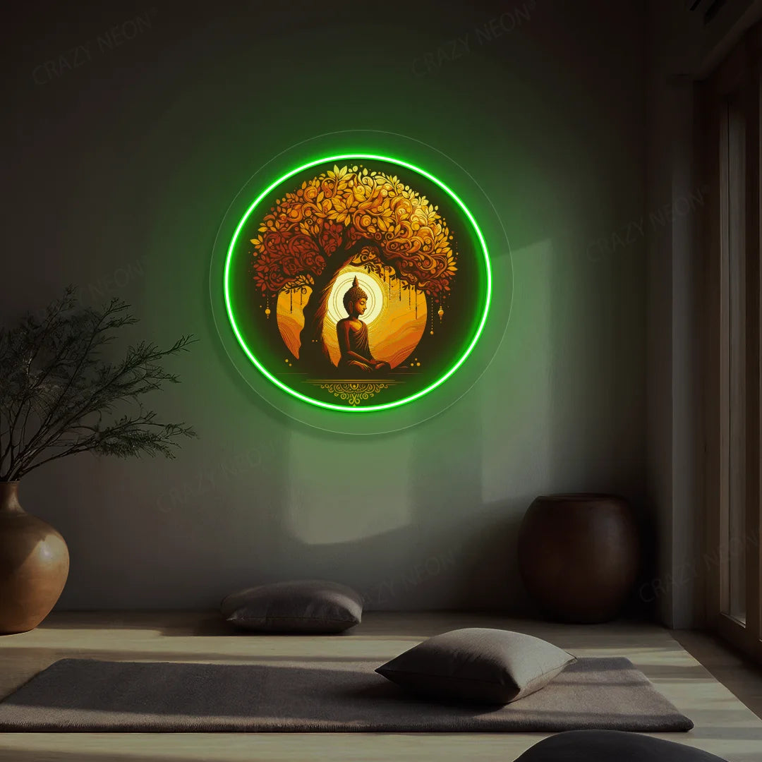 Golden Bodhi Buddha Neon Artwork lighting up in green color in a yoga room