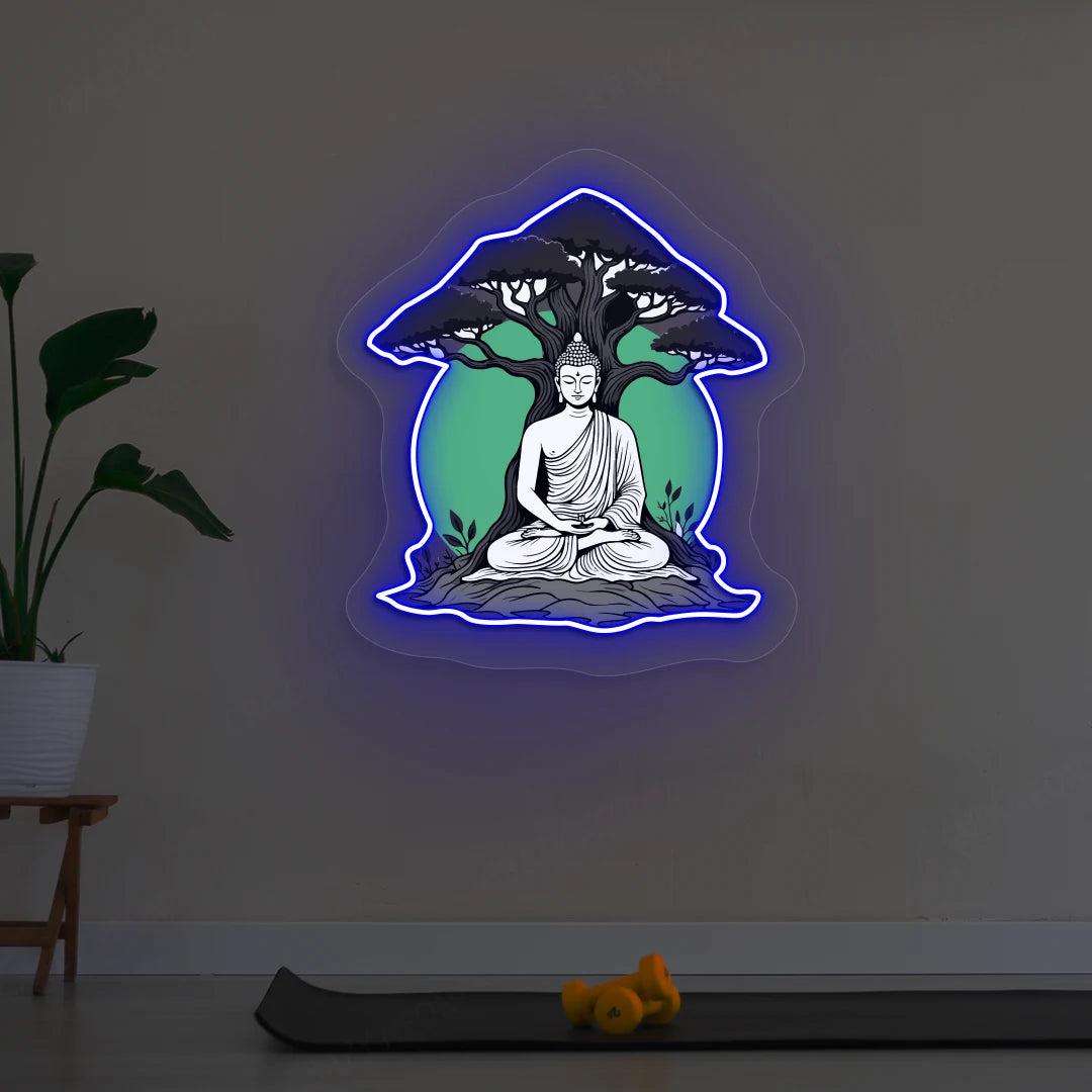 Buddha under Bodhi Neon Artwork lighting up in Blue color in room