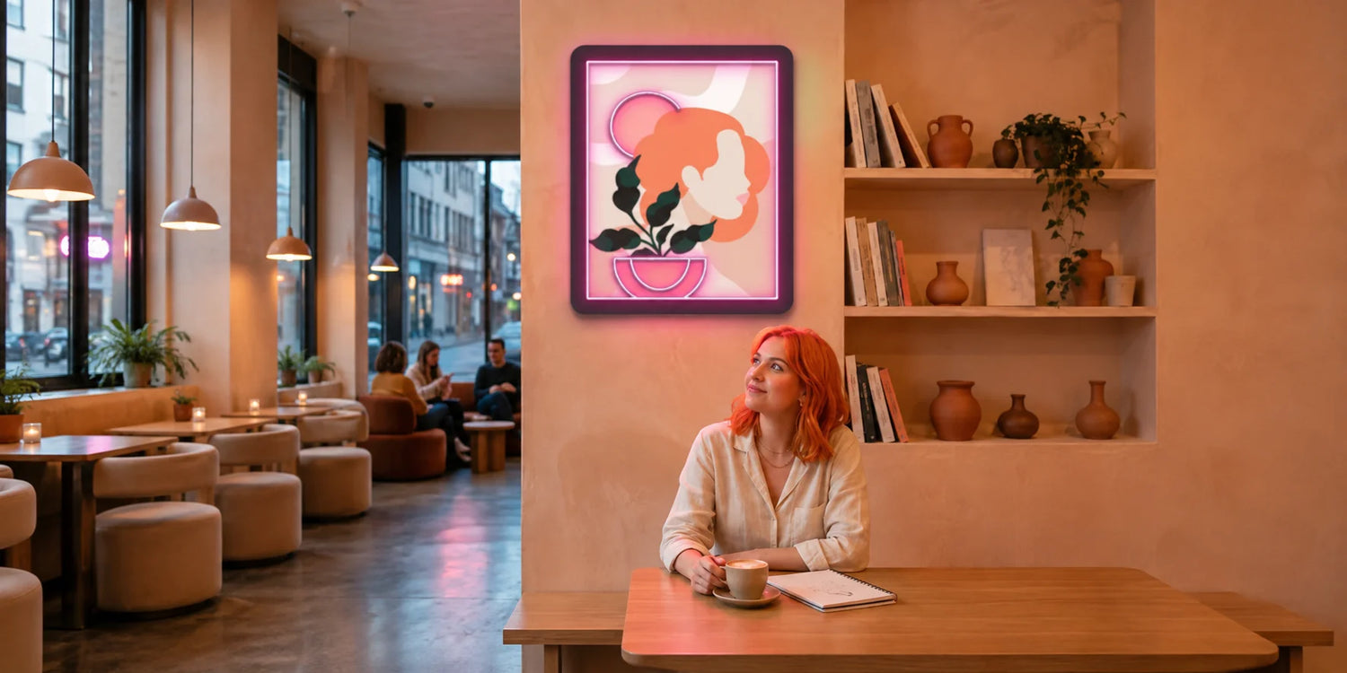 Flora Portarit abstract neon artwork sign featuring colorful floral illustration glowing pink neon light wall mounted in a modern cafe interior