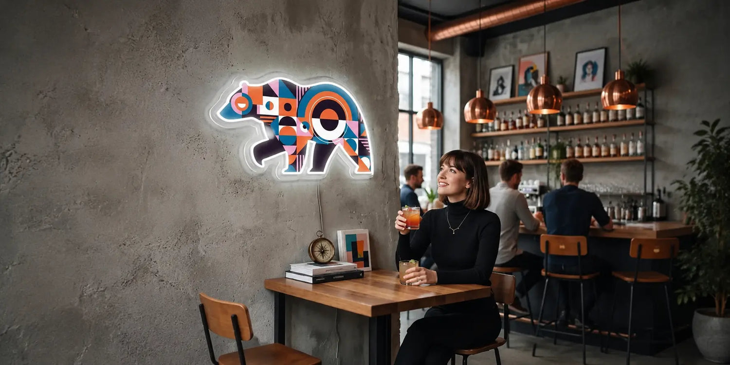 Chroma Bear Abstract Neon Artwork Sign featuring colorful geometric elephant design with glowing white neon outline on concrete wall in modern bar interior