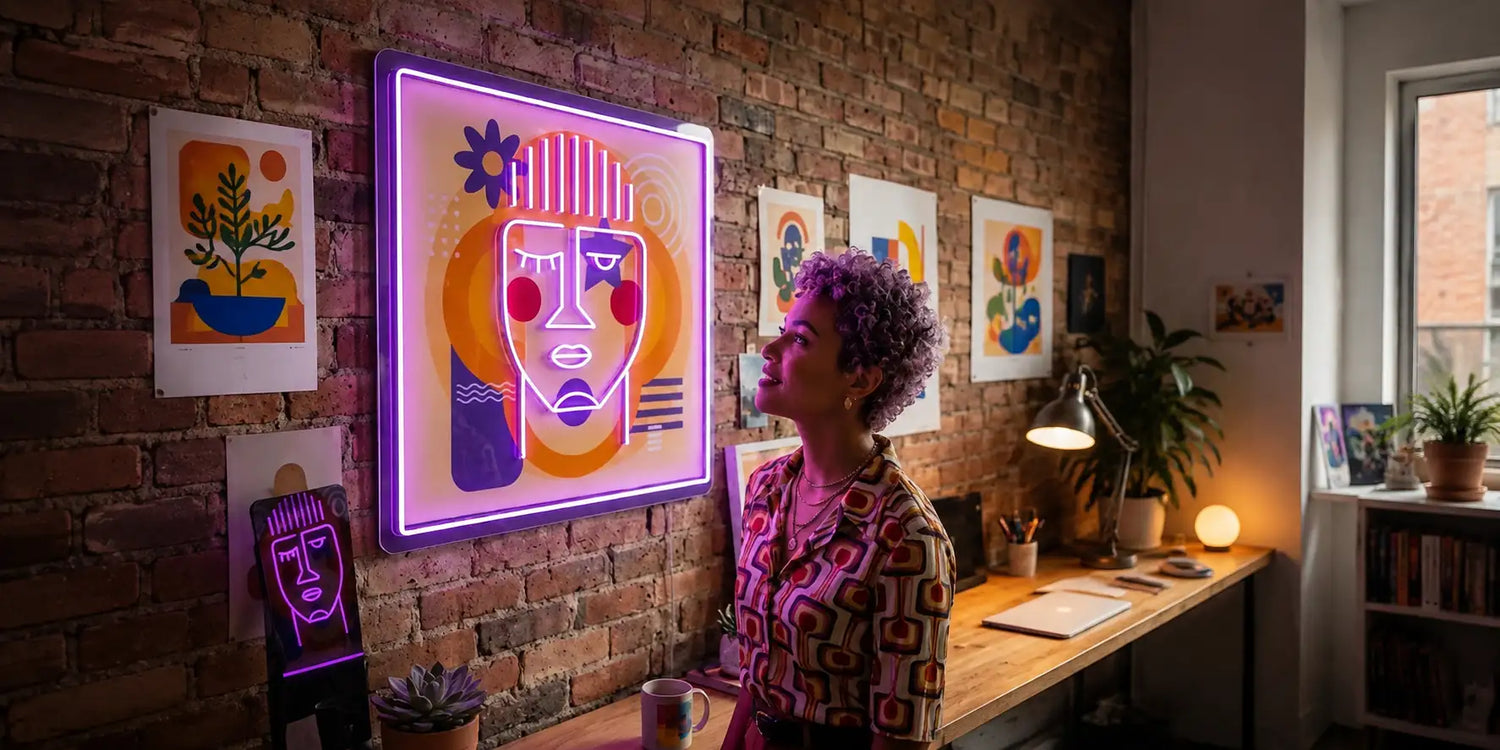 Urban Pop Abstract Neon Artwork Sign featuring colorful geometric face portrait glowing purple pink neon wall art on exposed brick wall in modern creative workspace
