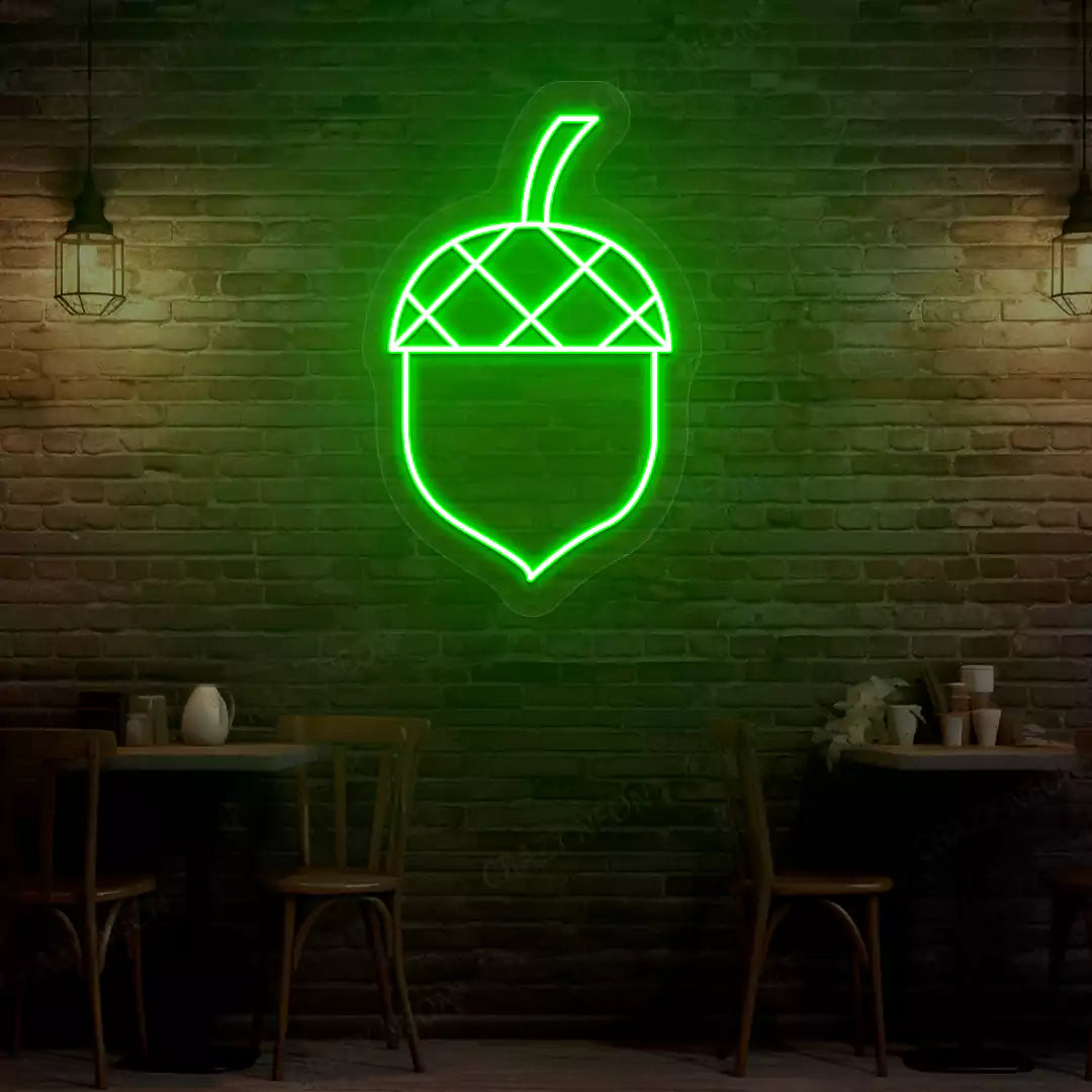 Autumn acorn neon sign in green