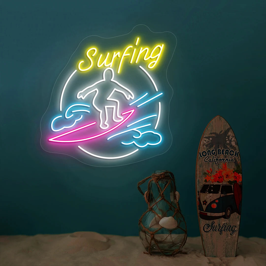 multi color surfing neon sign mounted on a wall