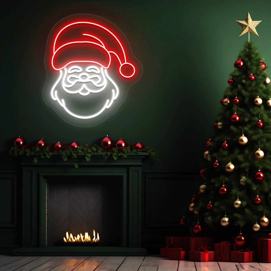 Festive Furry Santa Face Neon Sign | Red