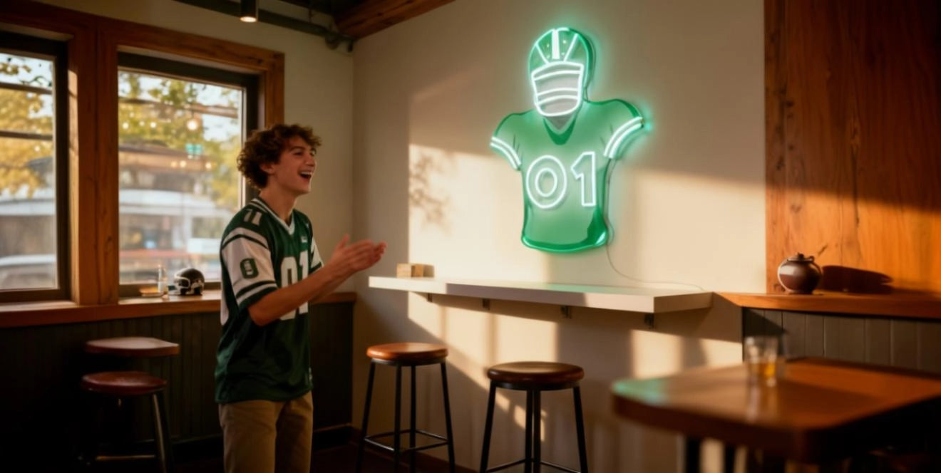 Man in green football jersey standing in sports bar with American football neon sign artwork