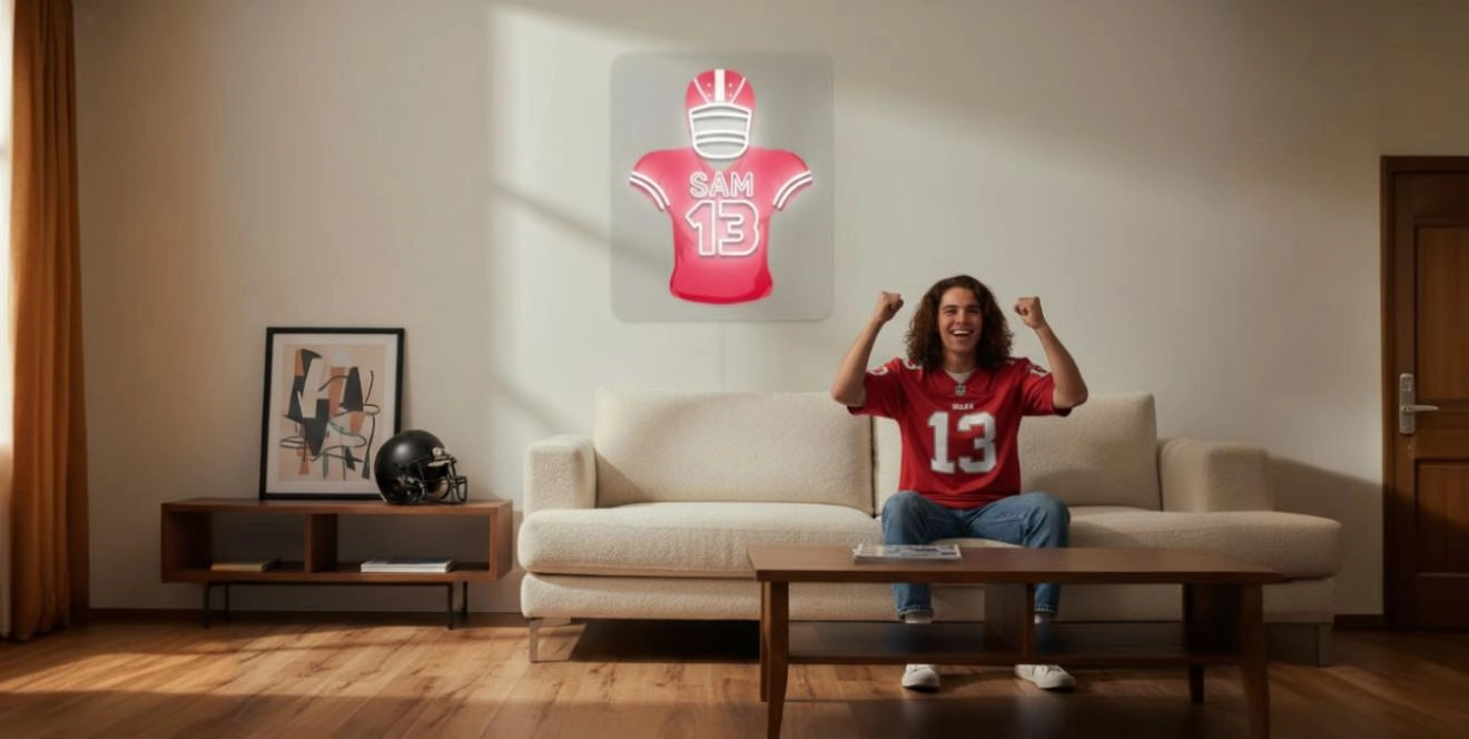 Person in red football jersey with number 13 cheering on beige sofa in living room with personalized SAM 13 american football jersey neon artwork