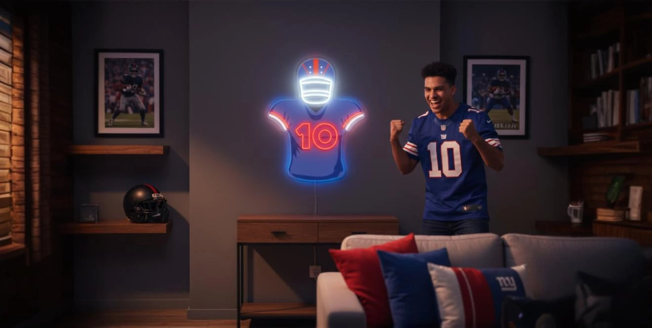 Man in blue number 10 football jersey cheering in sports-themed living room with American football neon artwork