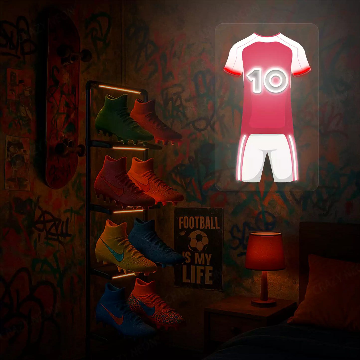 Red football jersey neon artwork with number 10 glowing on a graffiti-covered wall