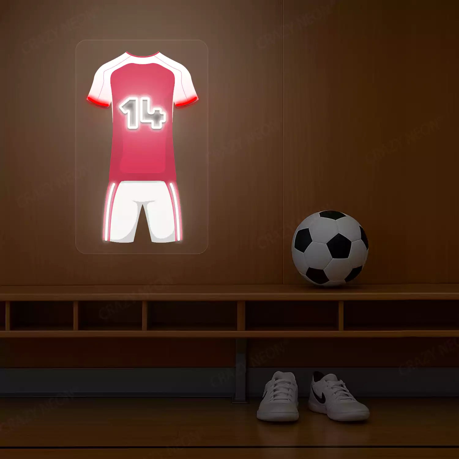 Red football jersey neon artwork with number 14 glowing on a wooden wall