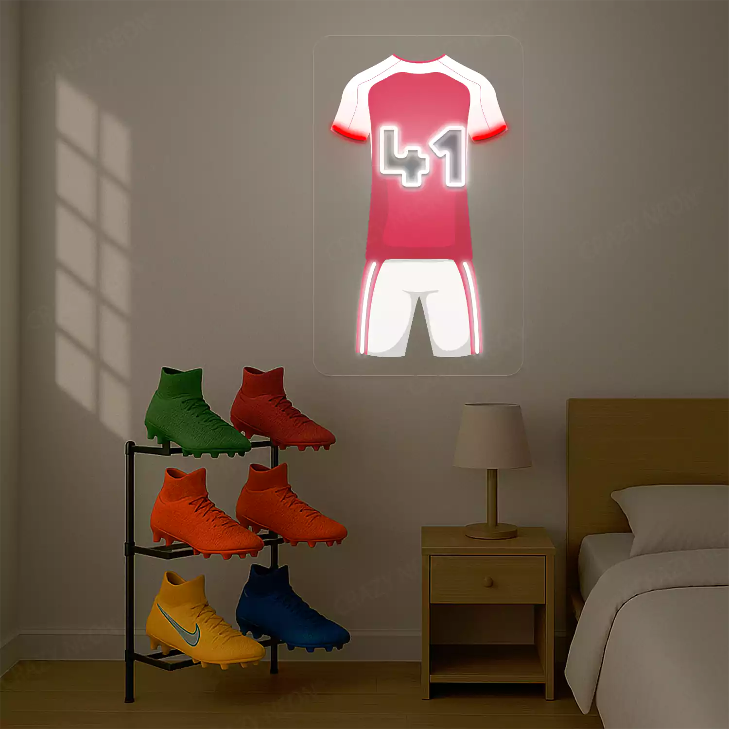 Red football jersey neon artwork with number 41 glowing on a beige wall