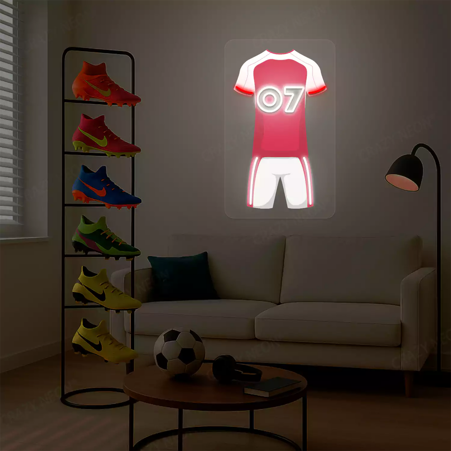 Red football jersey neon artwork with number 07 glowing on a beige wall