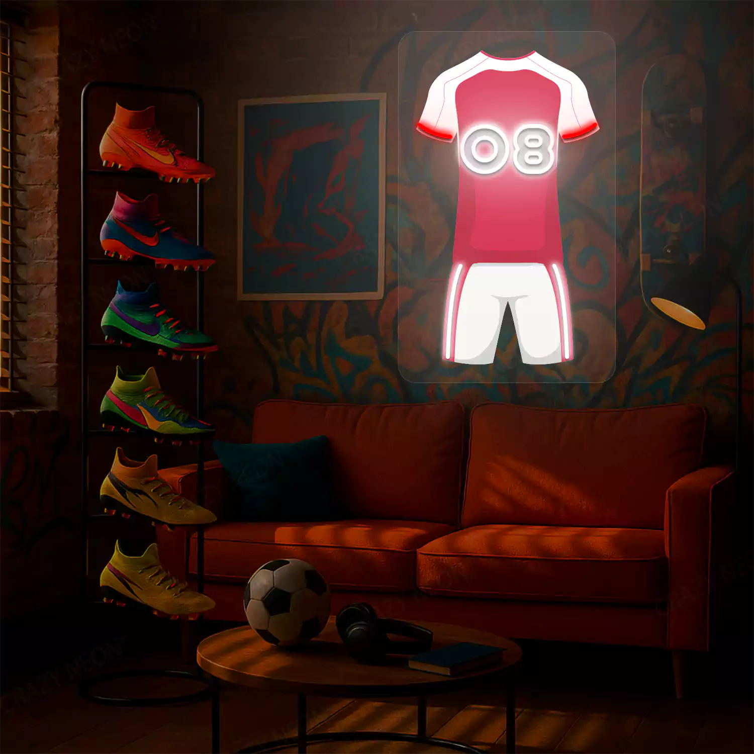 Red football jersey neon artwork with number 08 glowing on a graffiti-decorated wall