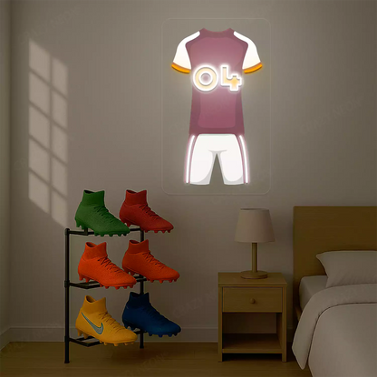 Maroon football jersey neon artwork with number 04 glowing on a beige wall 