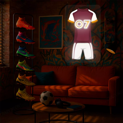 Maroon football jersey neon artwork with number 07 glowing on a graffiti-covered wall