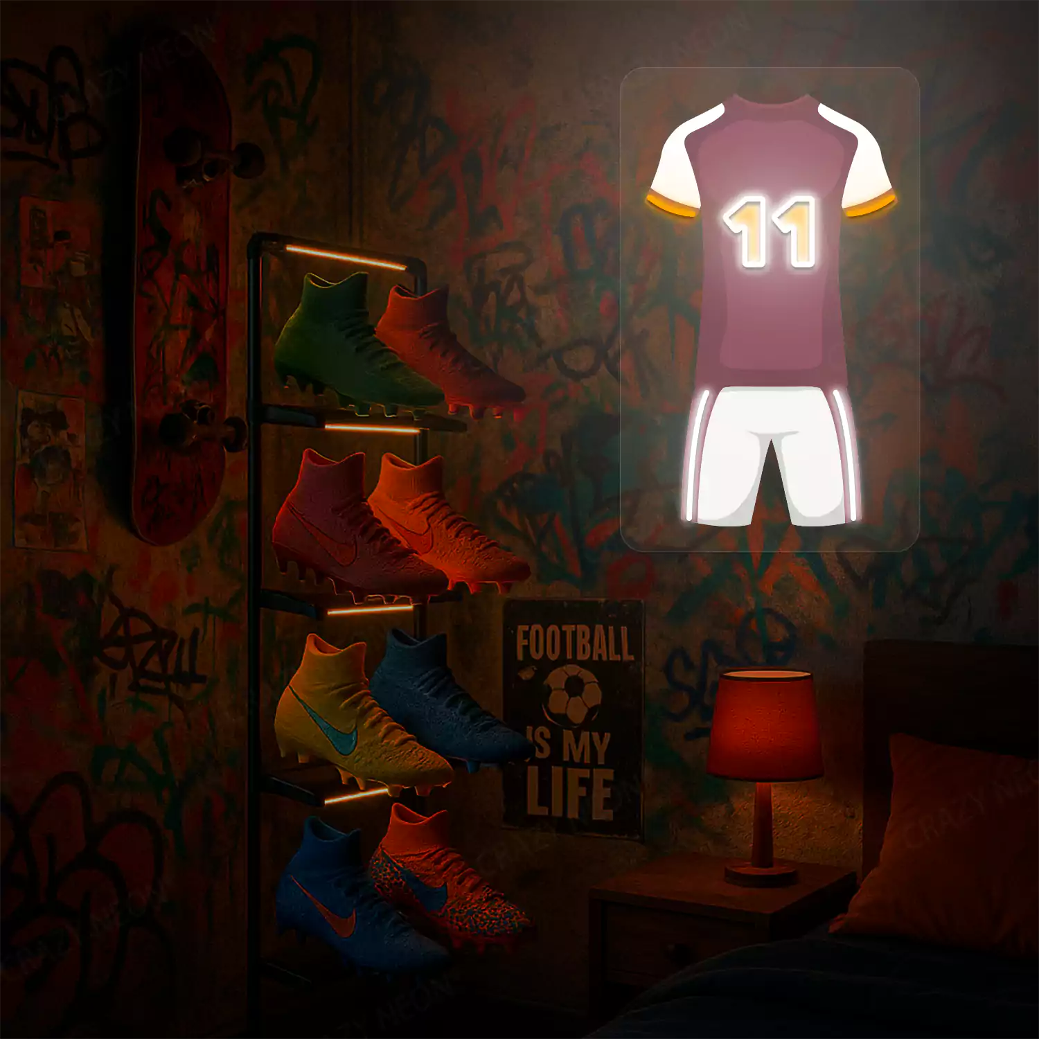 Maroon football jersey neon artwork with number 11 glowing on a graffiti-covered wall