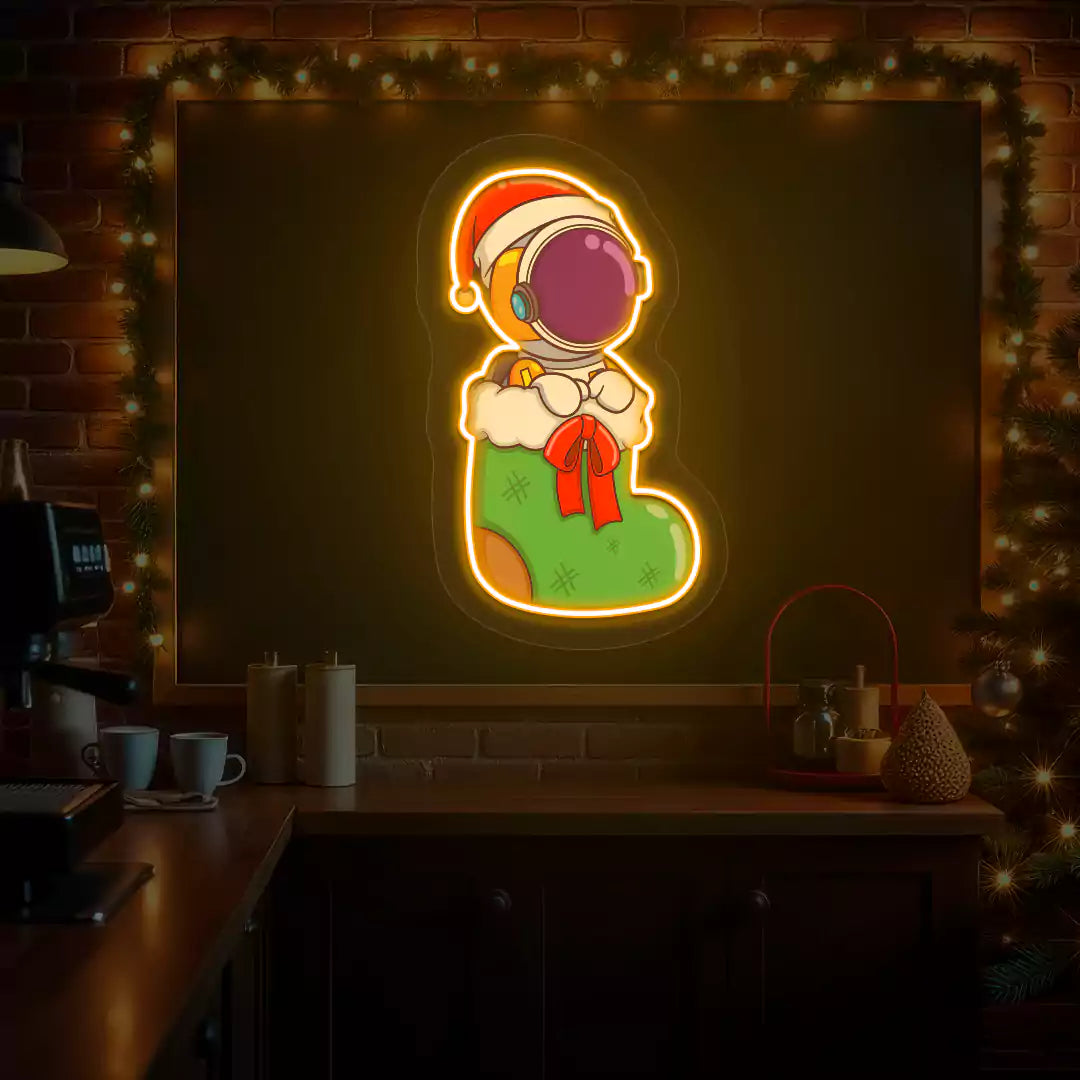 Festive Astronaut In Christmas Stocking Neon Artwork | Orange