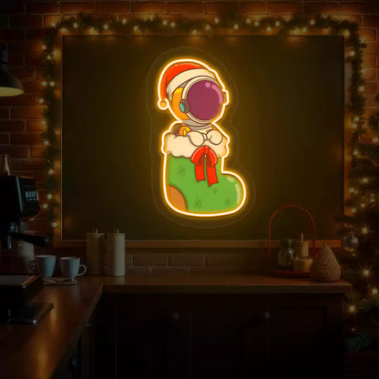 Festive Astronaut In Christmas Stocking Neon Artwork | Orange