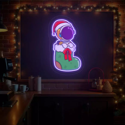 Festive Astronaut In Christmas Stocking Neon Artwork  | purple