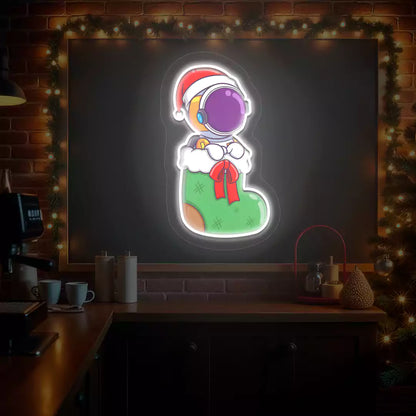 Festive Astronaut In Christmas Stocking Neon Artwork | White