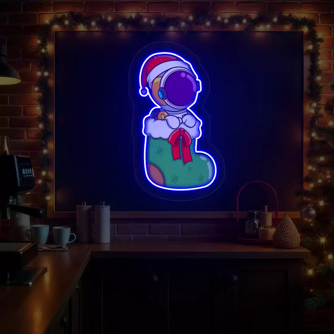 Festive Astronaut In Christmas Stocking Neon Artwork | Blue