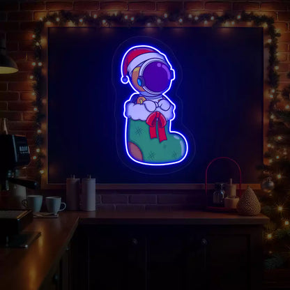 Festive Astronaut In Christmas Stocking Neon Artwork | Blue