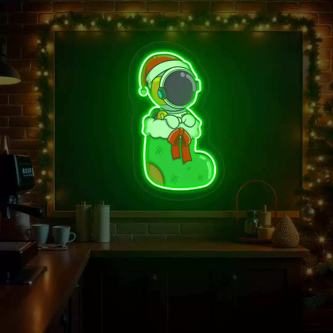 Festive Astronaut In Christmas Stocking Neon Artwork | Green