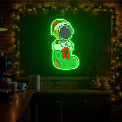 Festive Astronaut In Christmas Stocking Neon Artwork | Green
