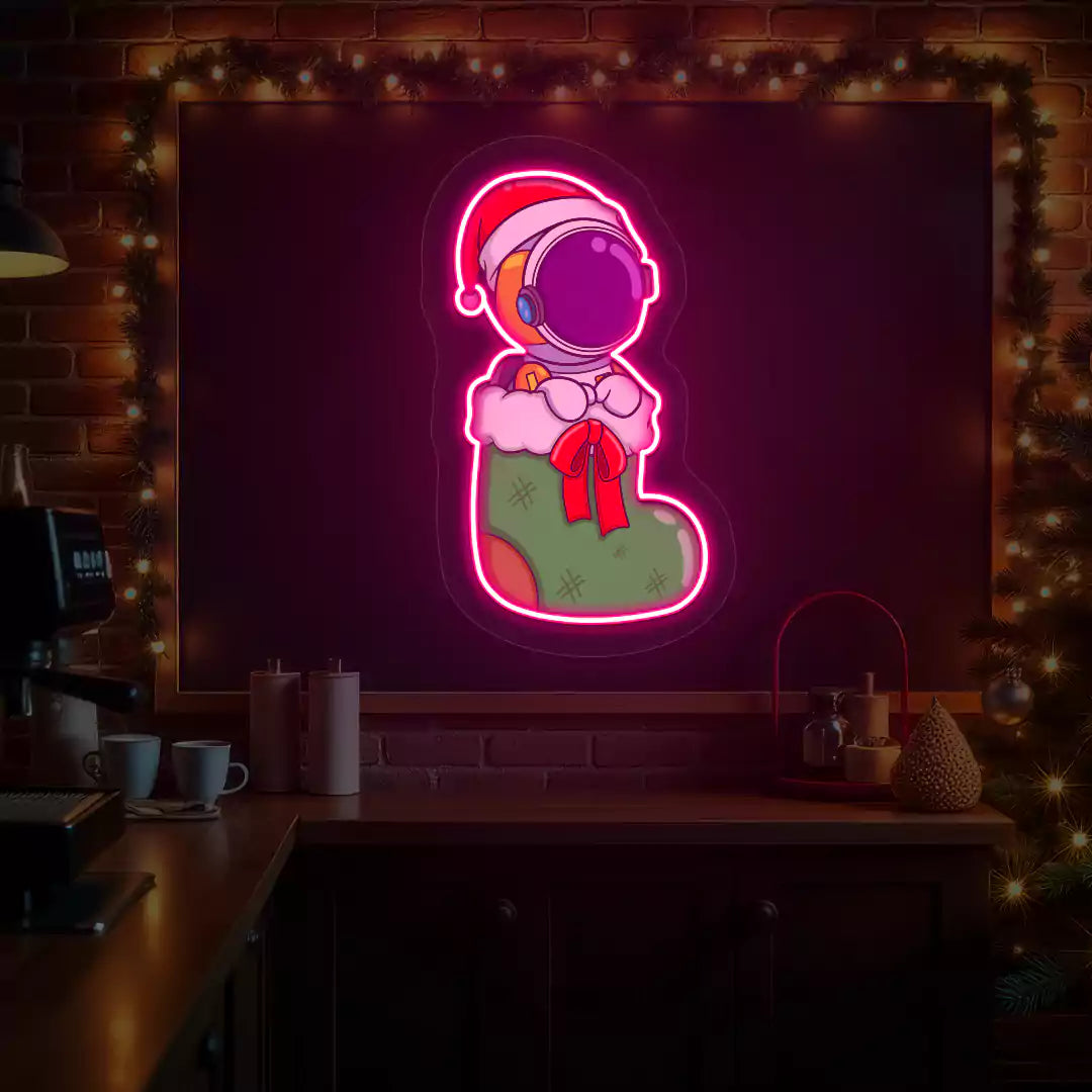 Festive Astronaut In Christmas Stocking Neon Artwork | Pink