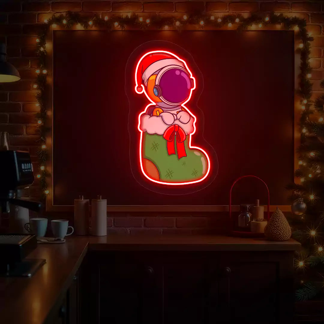 Festive Astronaut In Christmas Stocking Neon Artwork | Red