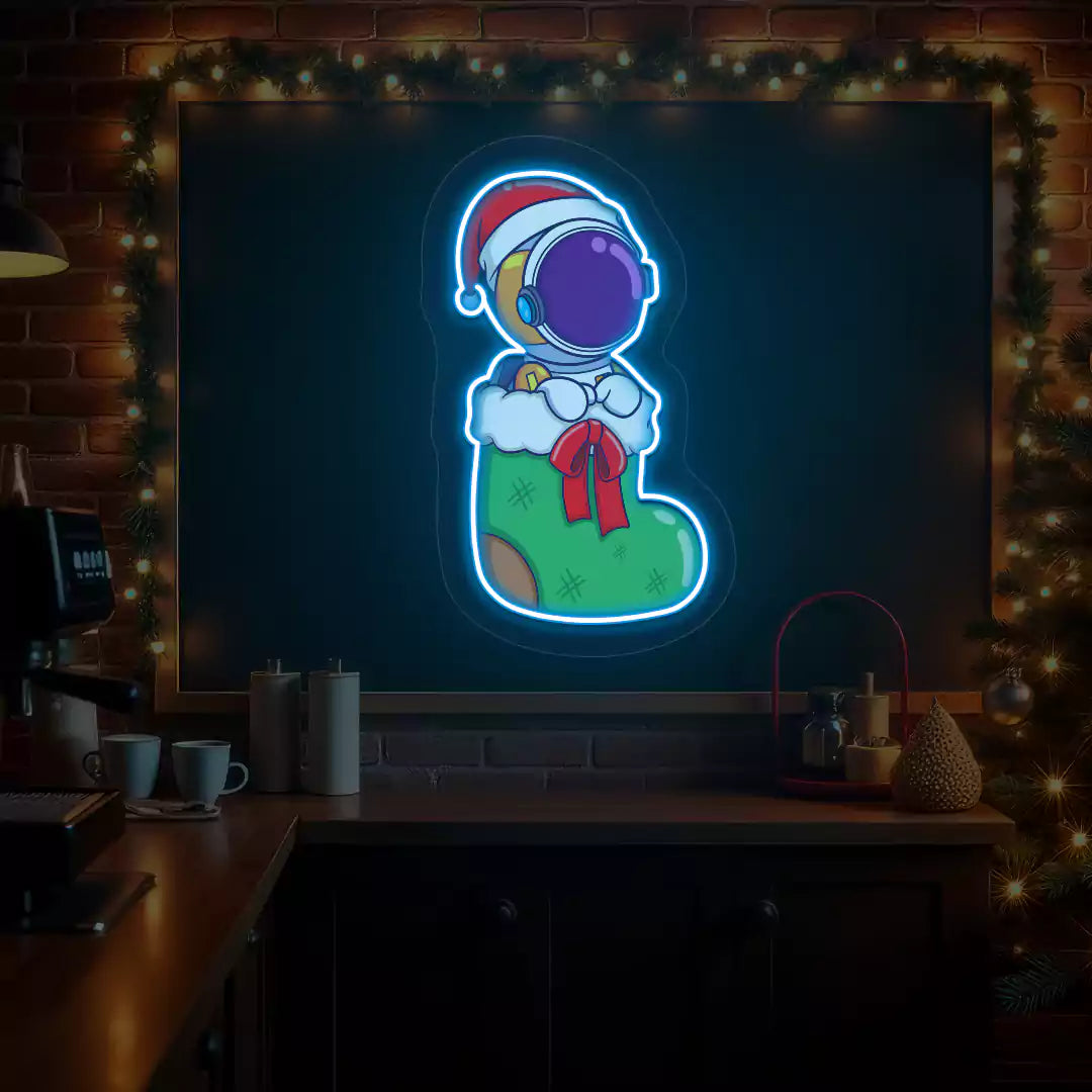 Festive Astronaut In Christmas Stocking Neon Artwork | Iceblue