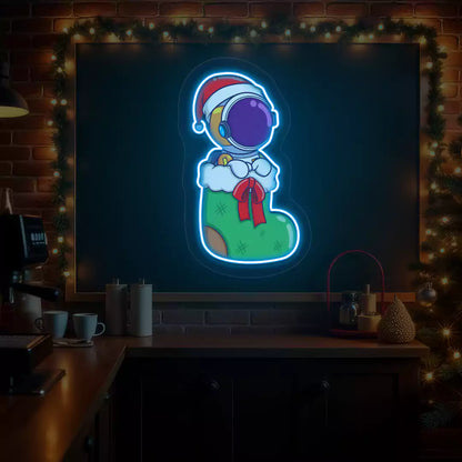 Festive Astronaut In Christmas Stocking Neon Artwork | Iceblue