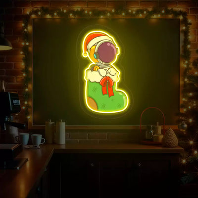 Festive Astronaut In Christmas Stocking Neon Artwork | Yellow