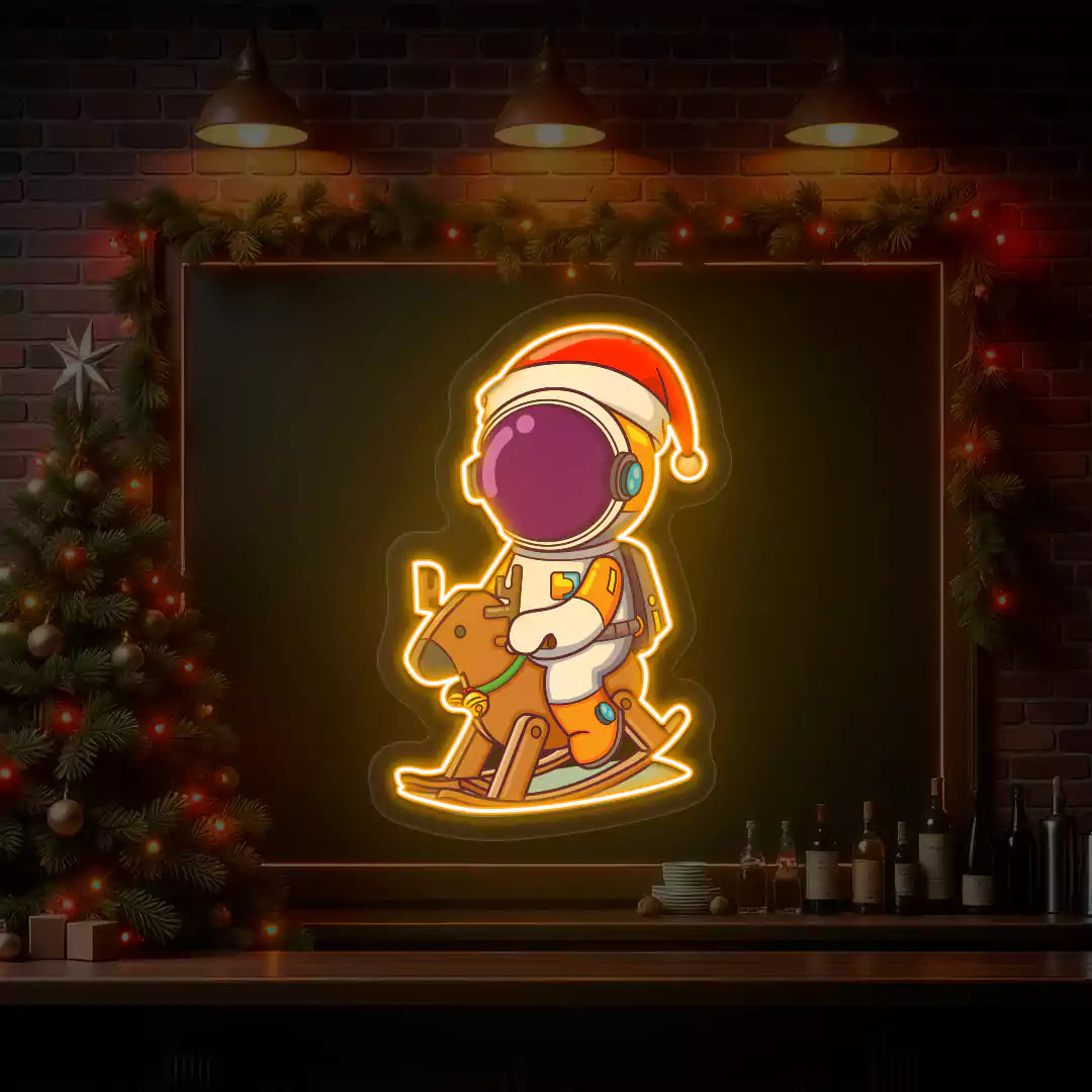 Astronaut Santa Rocking Reindeer Neon Artwork | Orange