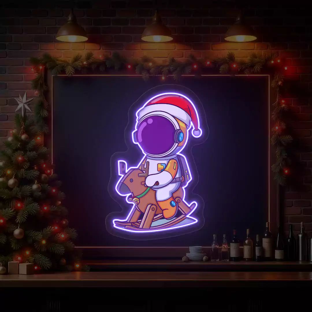 Astronaut Santa Rocking Reindeer Neon Artwork | Purple