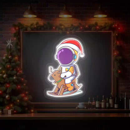 Astronaut Santa Rocking Reindeer Neon Artwork | White