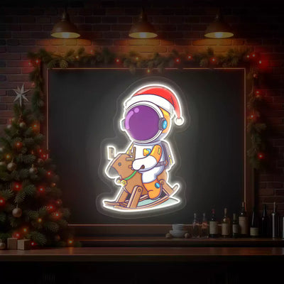 Astronaut Santa Rocking Reindeer Neon Artwork | Warmwhite