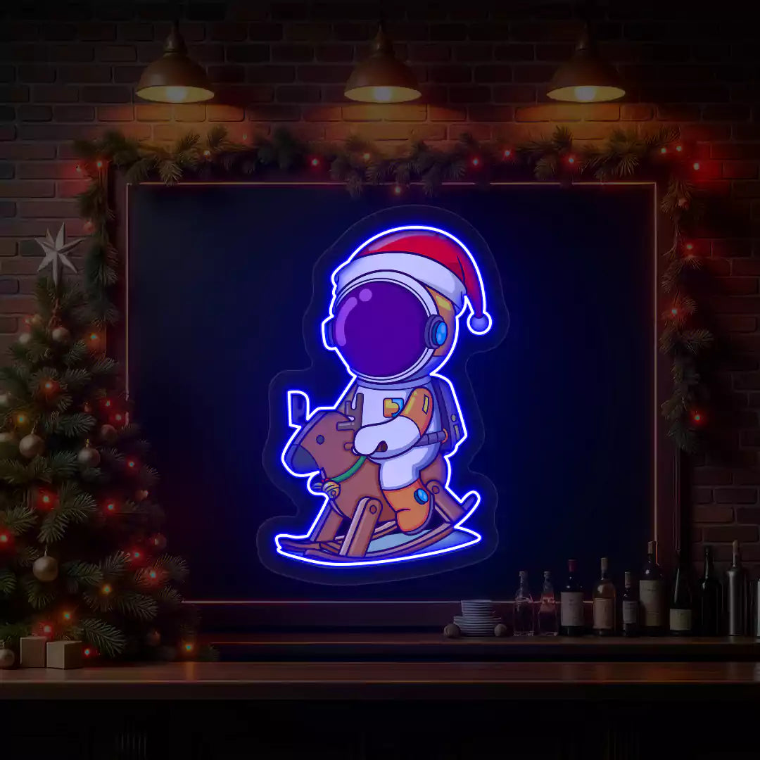 Astronaut Santa Rocking Reindeer Neon Artwork| Blue