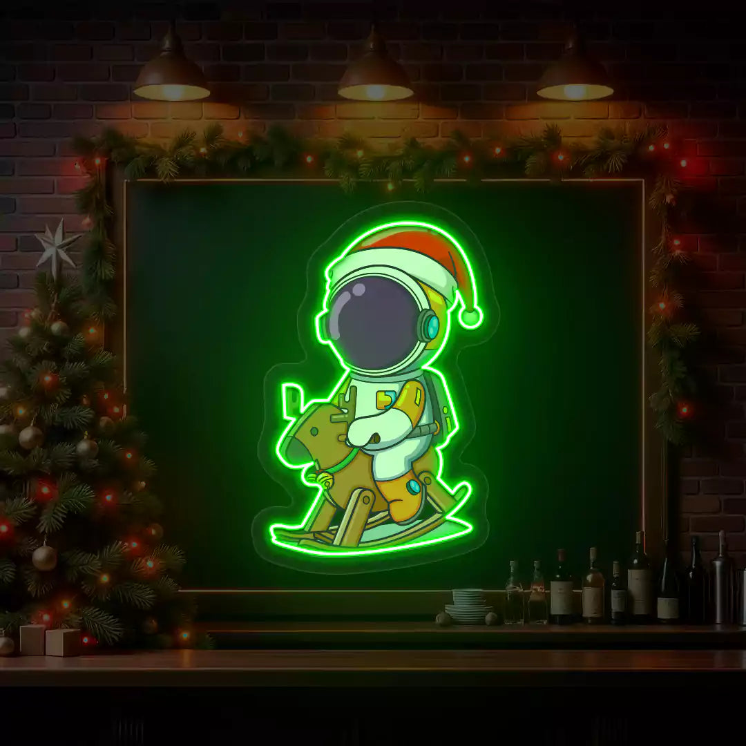  Astronaut Santa Rocking Reindeer Neon Artwork | Green