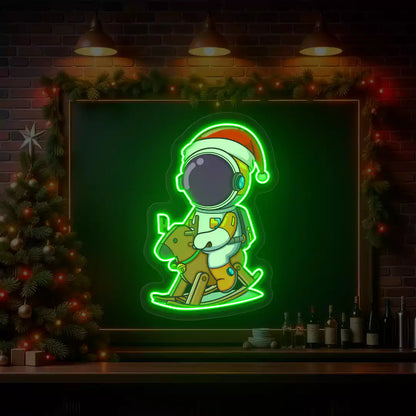  Astronaut Santa Rocking Reindeer Neon Artwork | Green