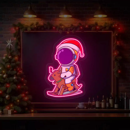Astronaut Santa Rocking Reindeer Neon Artwork | Pink
