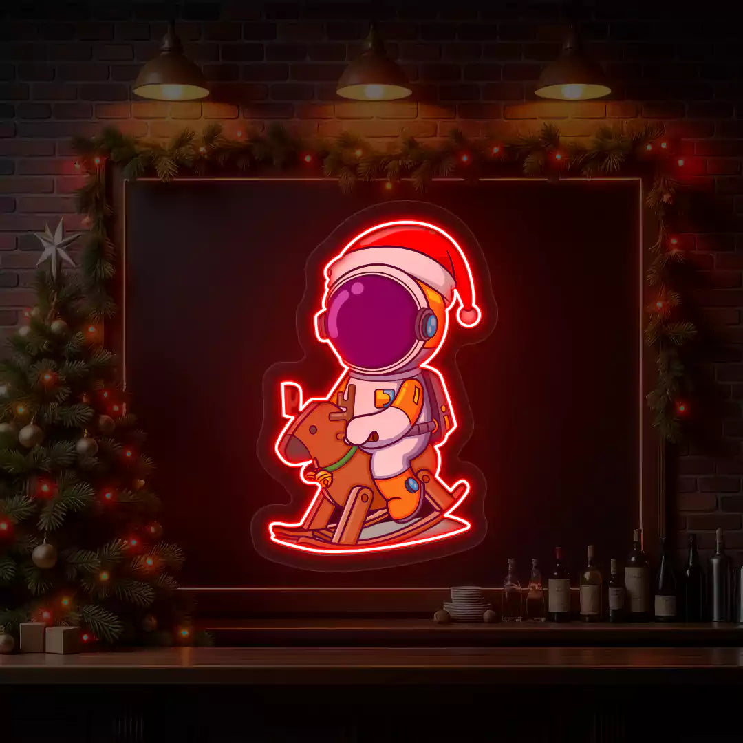 Astronaut Santa Rocking Reindeer Neon Artwork | Red