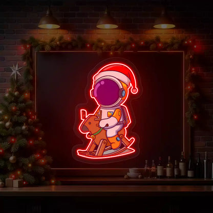Astronaut Santa Rocking Reindeer Neon Artwork | Red