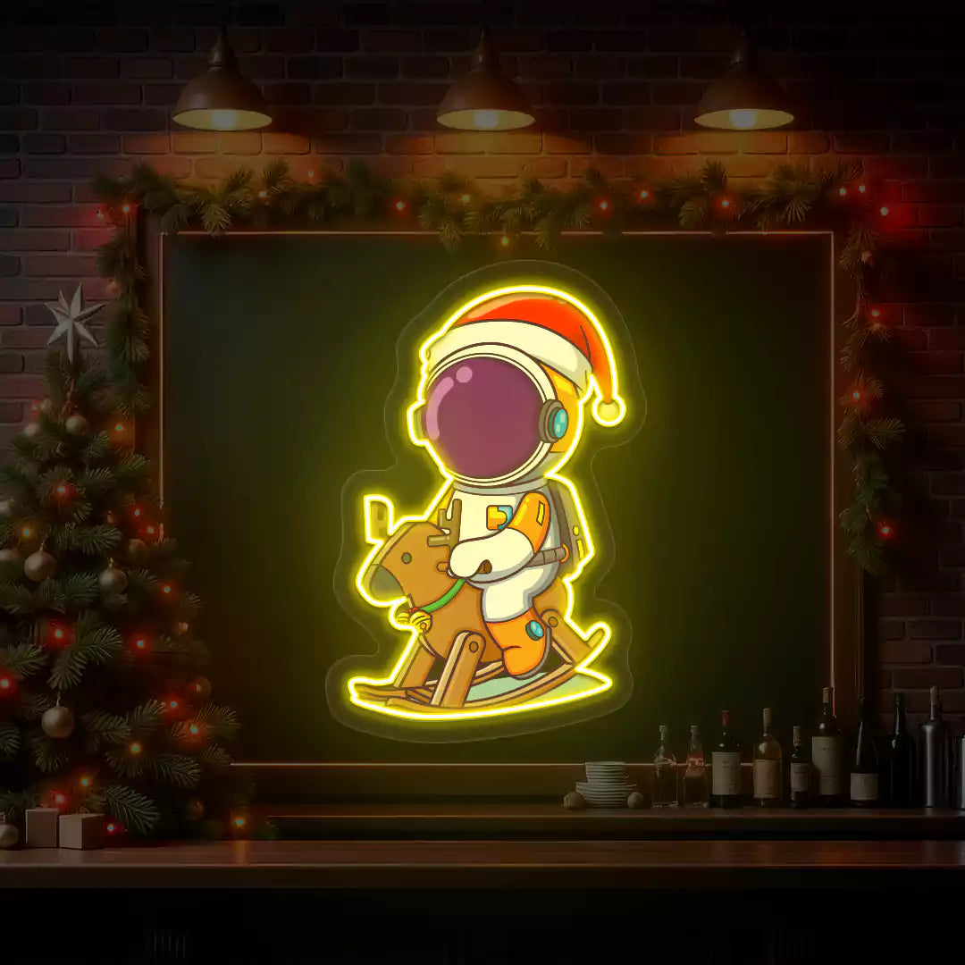 Astronaut Santa Rocking Reindeer Neon Artwork | Yellow