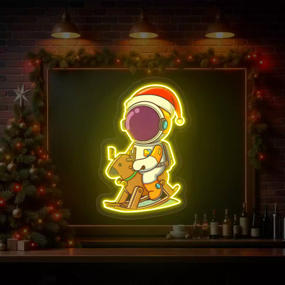 Astronaut Santa Rocking Reindeer Neon Artwork | Yellow