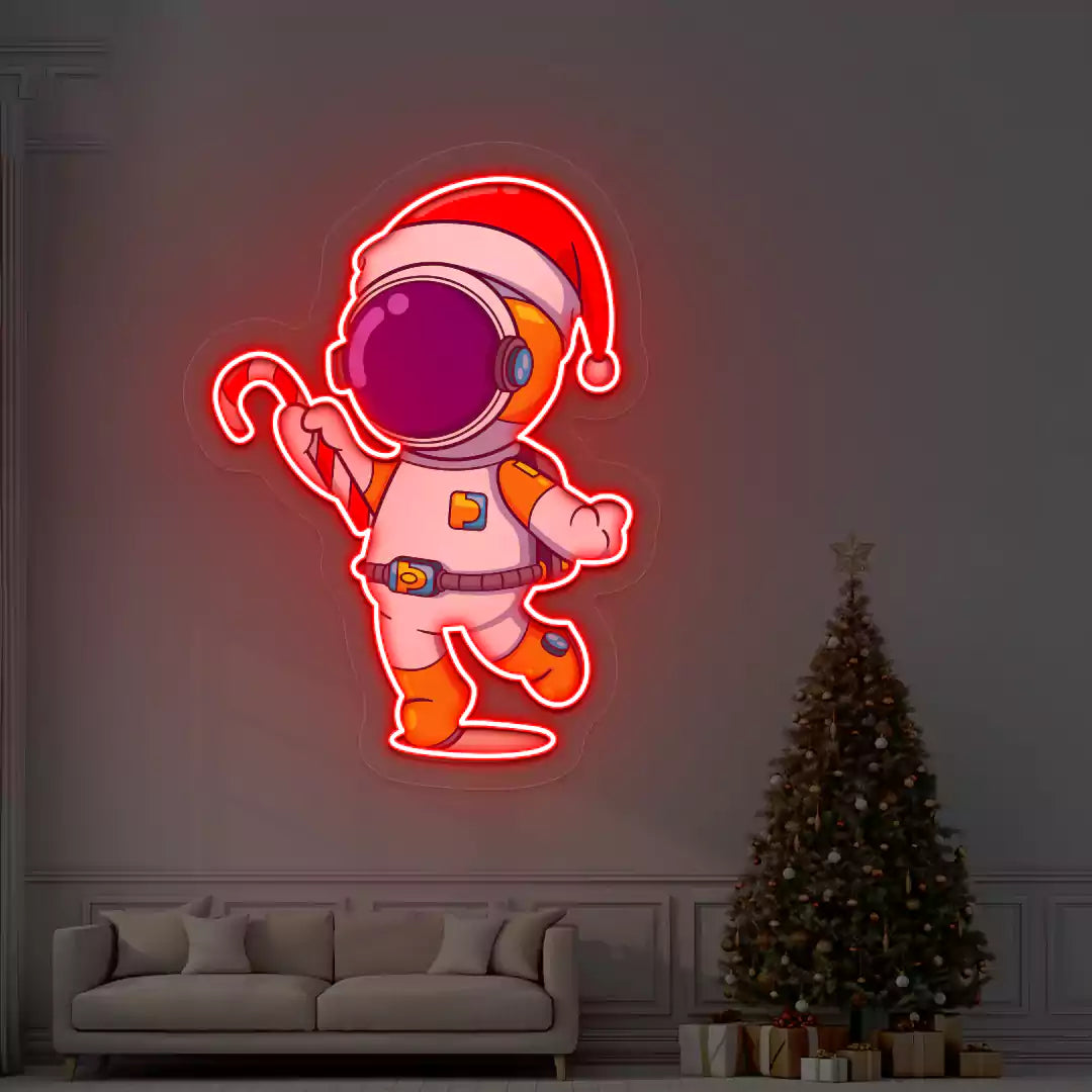 Astronaut Santa Candy Cane Neon Artwork | Red