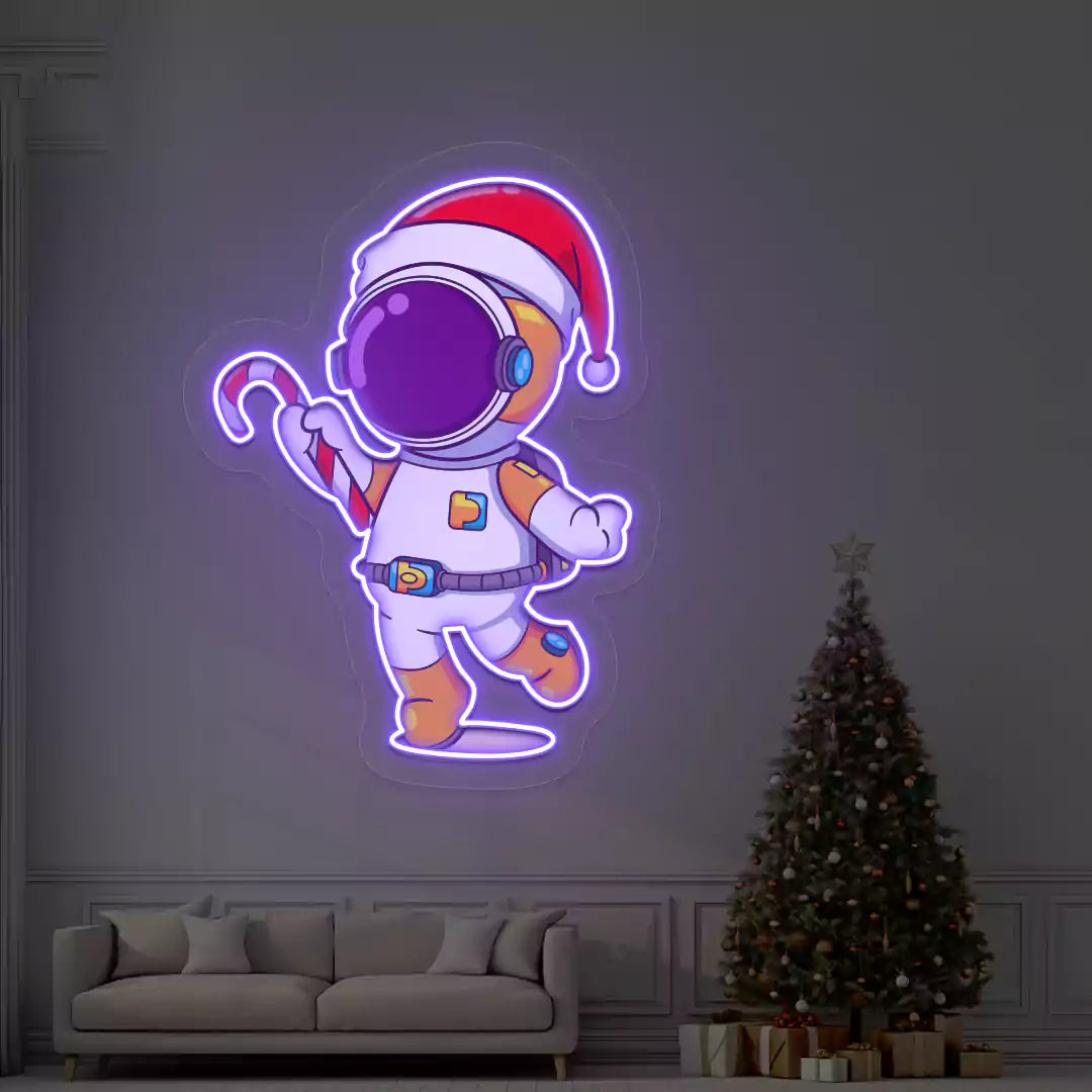 Astronaut Santa Candy Cane Neon Artwork | Purple