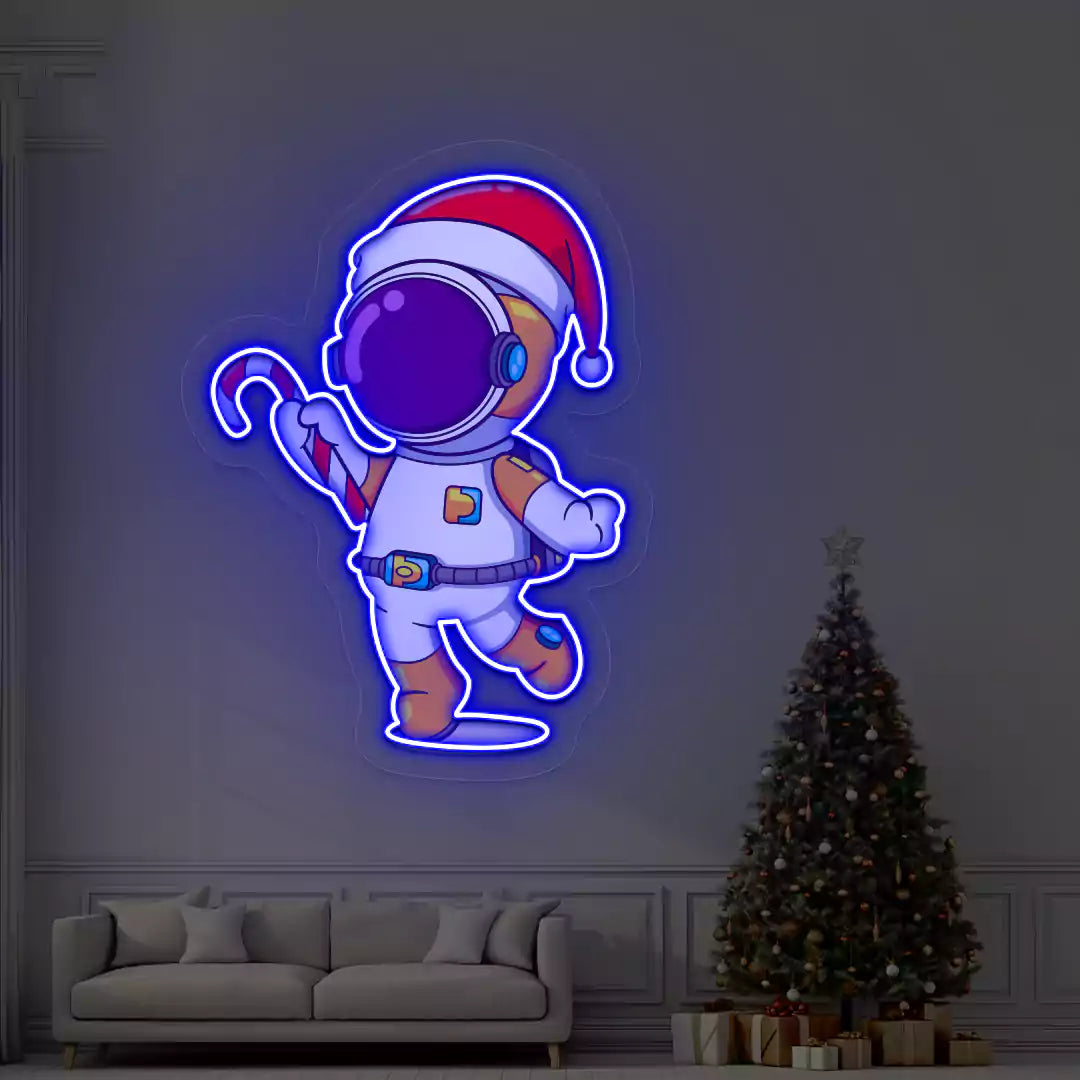 Astronaut Santa Candy Cane Neon Artwork | Blue