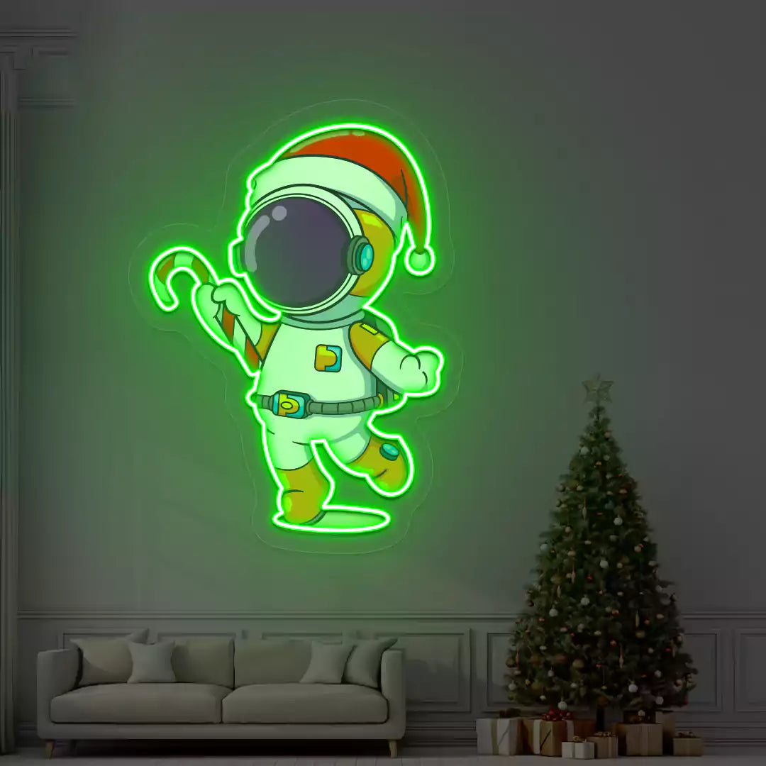 Astronaut Santa Candy Cane Neon Artwork | Green
