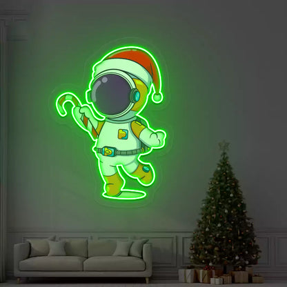 Astronaut Santa Candy Cane Neon Artwork | Green