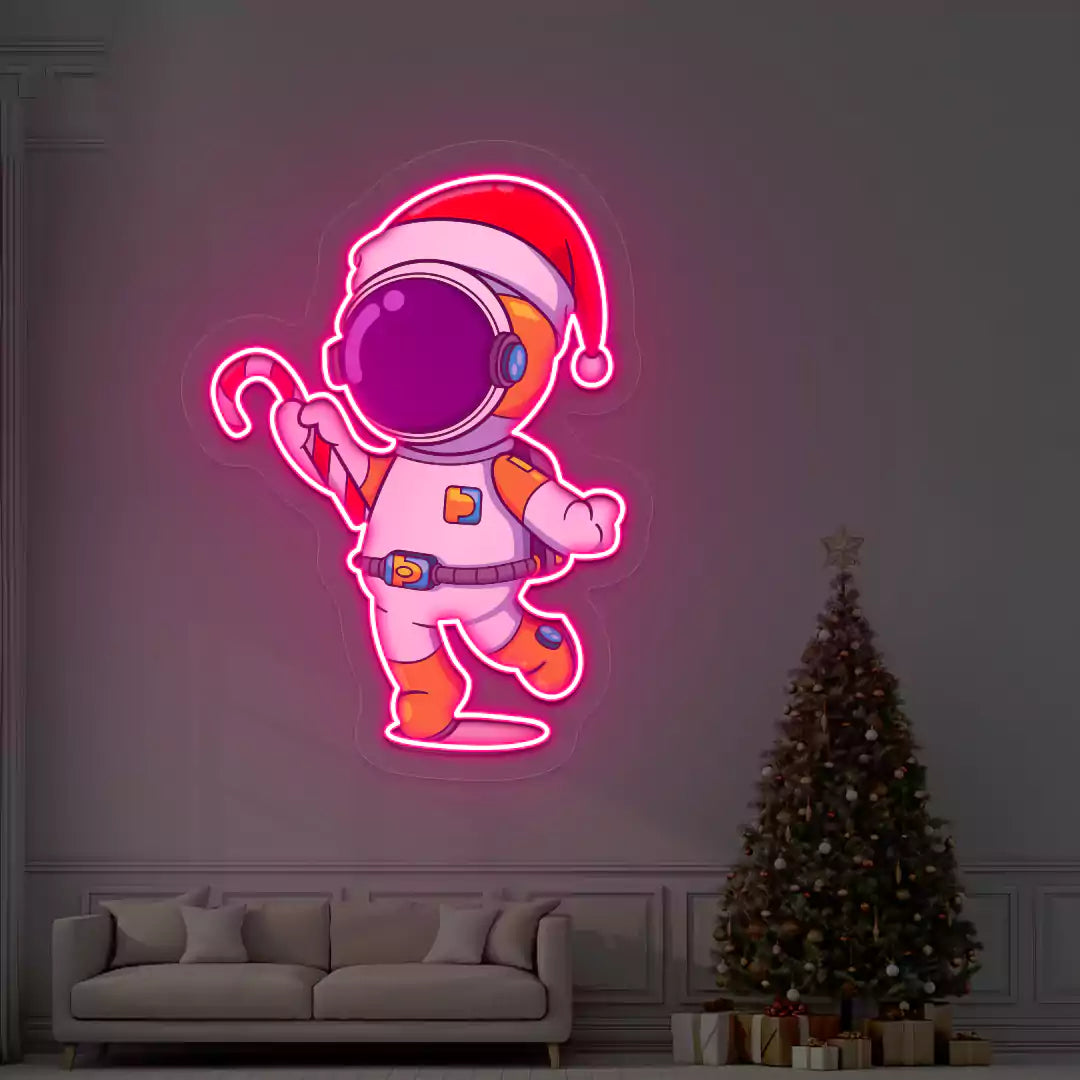 Astronaut Santa Candy Cane Neon Artwork | Pink